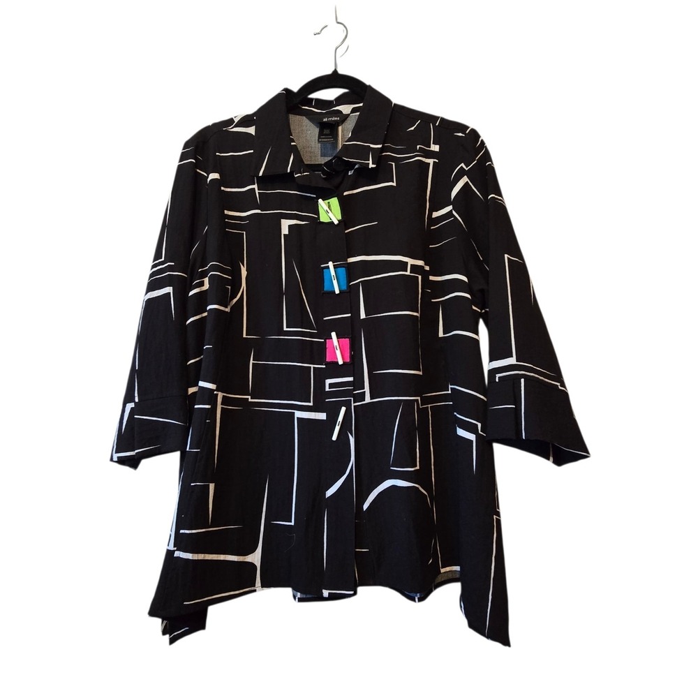 Ali Miles Abstract Artsy Button Tunic Shirt Womens PL Black Colorful Lagenlook